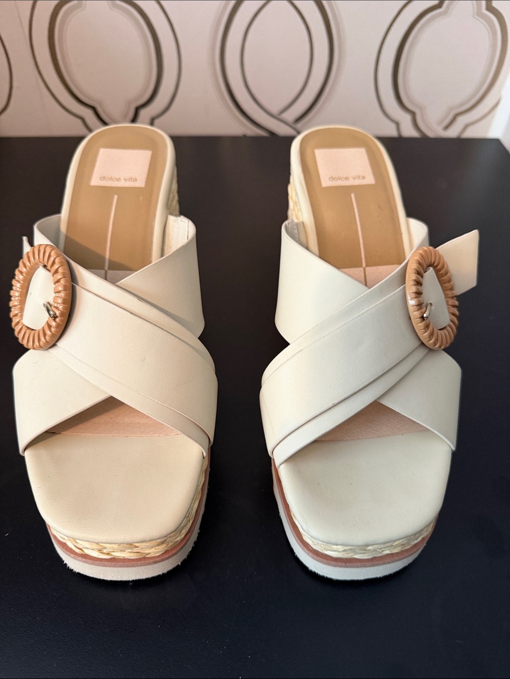 Dolce Vita Cream Crossband Platform Sandals with Woven Buckle